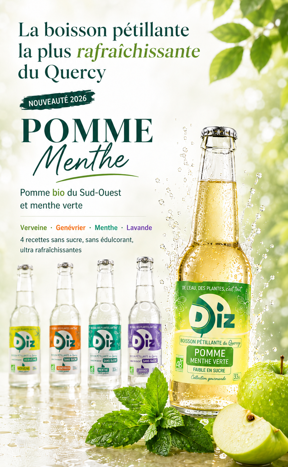 Boisson pétillante du Quercy - naturellement SANS SUCRE - DE L'EAU, DES PLANTES, c'est tout. - DIZ - BIO