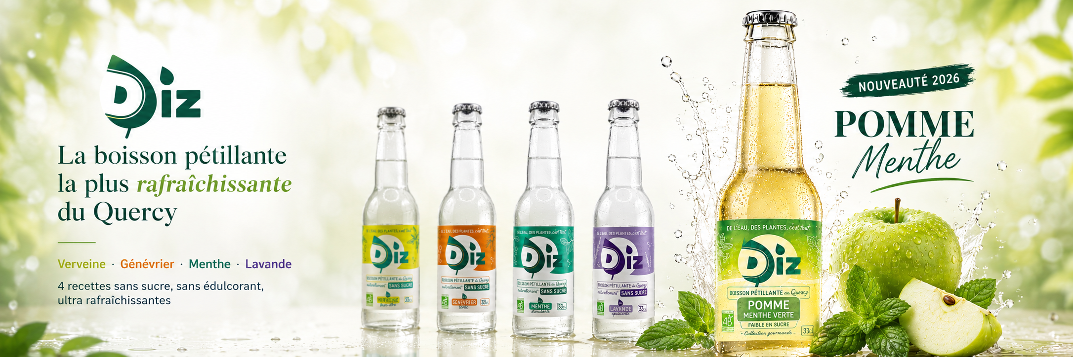 Boisson pétillante du Quercy - naturellement SANS SUCRE - DE L'EAU, DES PLANTES, c'est tout. - DIZ - BIO